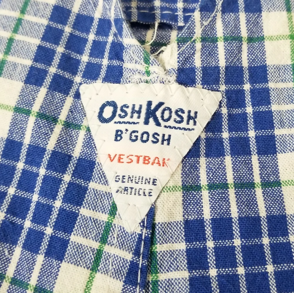 OshKosh B'Gosh Vintage 90's Shortalls Size 12M Blue White Plaid Vestbak USA